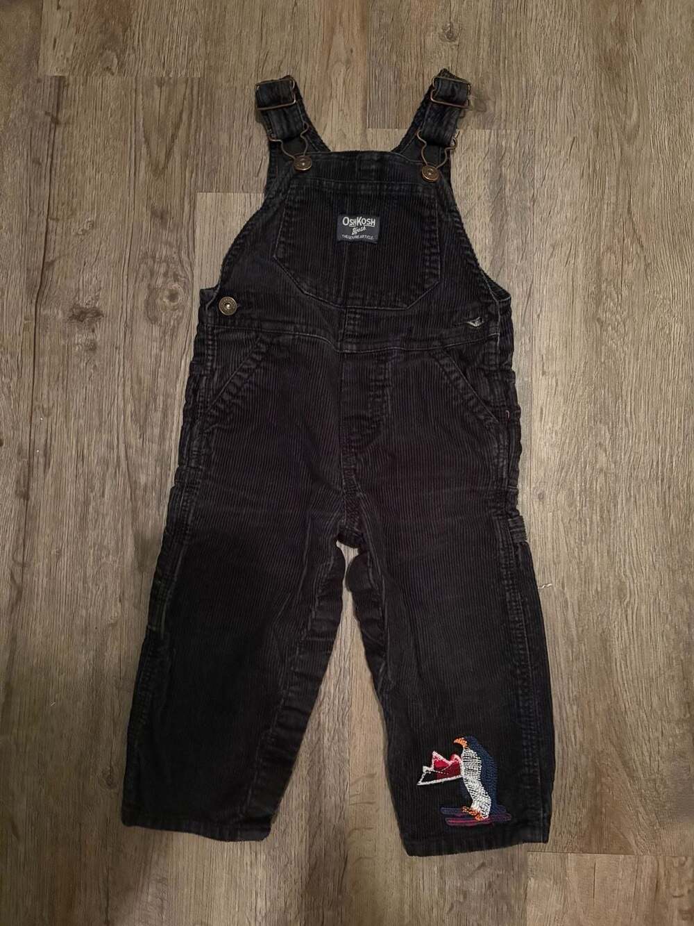 OshKosh B'gosh 18 Months Black Corduroy Vestbak Overalls with Penguin Embroidery